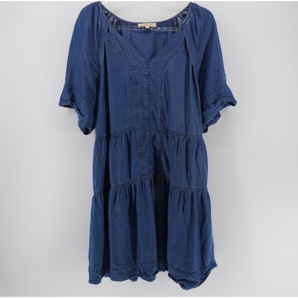 Farmers Market Blue Lyocell Tiered V-Neck Mini Dress Sleeve Coastal Cottagecore
